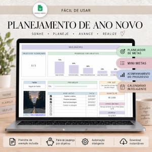Puede incluir: Una pantalla de portátil muestra una hoja de cálculo digital de planificación de Año Nuevo en portugués con secciones para objetivos, barras de progreso y listas de verificación. La interfaz incluye etiquetas como Planejamento de Ano Novo, Meus Objetivos y listas de tareas.