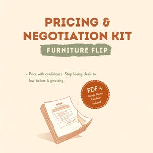 May include: A digital resource titled Pricing & Negotiation Kit Furniture Flip. The text reads: Price with confidence. Stop losing deals to low-ballers & ghosting. Includes a PDF and Google Sheets calculator, shown with a stack of paper documents.