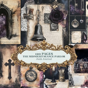 Puede incluir: Una colección de 120 páginas para el diario basura The Midnight Seance Parlor con imágenes góticas que incluyen un arco oscuro, una campana colgante, una cruz, un reloj de bolsillo vintage, un cofre de madera y marcos de texto dorados.