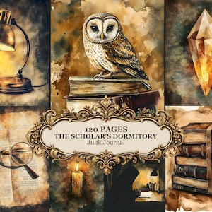 May include: A junk journal titled 120 PAGES THE SCHOLAR'S DORMITORY featuring watercolor illustrations of a barn owl on books, a brass desk lamp, a glowing crystal, a lit candle, round spectacles on an open page, and a stack of bound books.