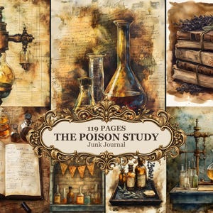 Puede incluir: Un diario de recortes titulado 119 PAGES THE POISON STUDY que presenta un collage de ilustraciones en acuarela que incluyen cristalería de laboratorio, aparatos científicos antiguos, pilas de libros viejos y frascos de boticario.