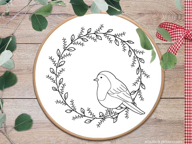 Robin Embroidery Pattern Winter Robin Embroidery Template PDF, Bird Outline Transfer, Christmas ...