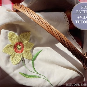 Daffodil Hand Embroidery, Floral Embroidery PDF Pattern, Daffodil Art, DIY Gift Spring Embroidered Flowers, with step by step video tutorial