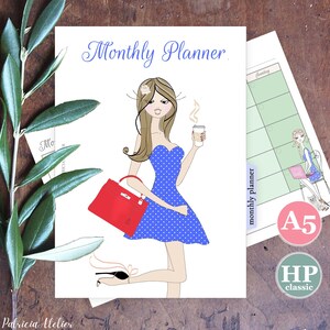 Printbare maandplanner met handgetekende afbeeldingen, stijlvolle geïllustreerde omslag, A5-formaat en Happy Planner Classic-inzetvellen, PDF zonder datum