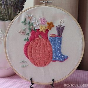 Autumn Embroidery PDF Pattern, with video tutorial, Embroidered Flowers, Step by Step Tutorial, Hand Embroidery Pattern, Hoop Art PDF