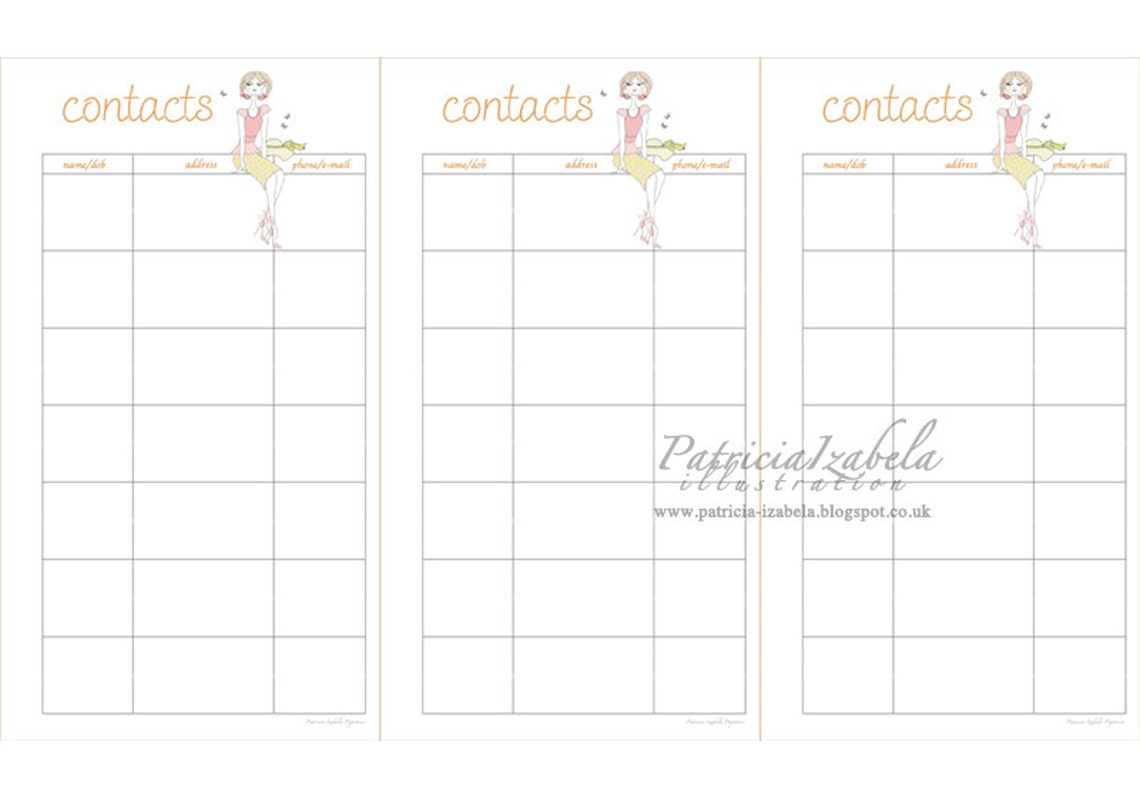 Filofax CONTACTS Personal diary sheet ADDRESS insert printable Etsy