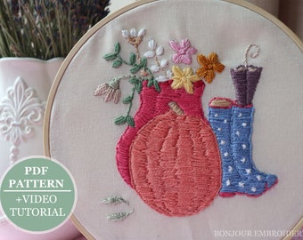 Autumn Embroidery PDF Pattern, with video tutorial, Embroidered Flowers, Step by Step Tutorial, Hand Embroidery Pattern, Hoop Art PDF