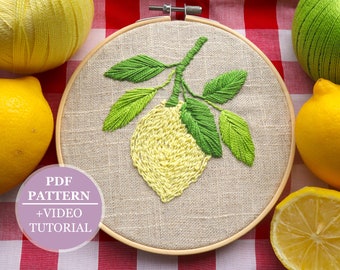 Italian Lemon Embroidery, Hand Embroidery PDF Pattern, Includes Step by Step Video Tutorial, Hoop Art, DIY Gift, DIY Wall Art