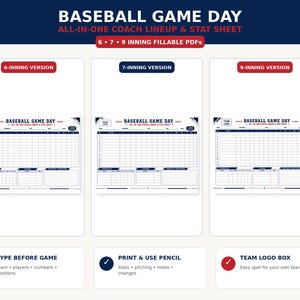 Puede incluir: Una plantilla digital de alineación y hoja de estadísticas para entrenadores de béisbol, con versiones PDF rellenables de 6, 7 y 9 entradas. El diseño incluye una cuadrícula para nombres, números y posiciones de los jugadores.