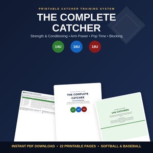 May include: A printable catcher training system titled The Complete Catcher, featuring strength, conditioning, arm power, pop time, and blocking modules for 14U, 16U, and 18U levels. Includes 22 printable pages for softball and baseball.