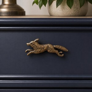 Gold Metal Fox Cabinet Knob, Running Wildlife Decor Handle (1.25" Screw)