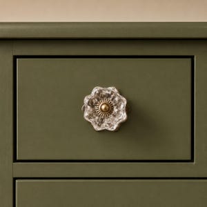 Faceted Clear Glass Flower Cabinet Knob, Antique Gold Metal Center, Decorative Furniture Hardware