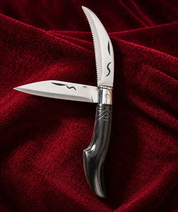 A hand-forged dual-blade pocket knife with genuine buffalo horn scales — the kind of artisan EDC that stops a conversation cold.