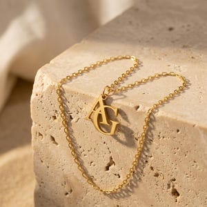 May include: A gold-toned necklace featuring a pendant with the interlocking capital letters A and G. The pendant is attached to a delicate, thin gold-toned chain with small, uniform circular links that drape across the surface.