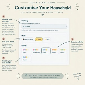 Puede incluir: Una gu&iacute;a de inicio r&aacute;pido titulada Customise Your Household con cuatro pasos numerados. La interfaz muestra ajustes para la selecci&oacute;n de moneda, modo claro u oscuro, y opciones de paleta de colores que incluyen Foxie, Berry & mint, Ocean, Sunset, Matcha y Custom.