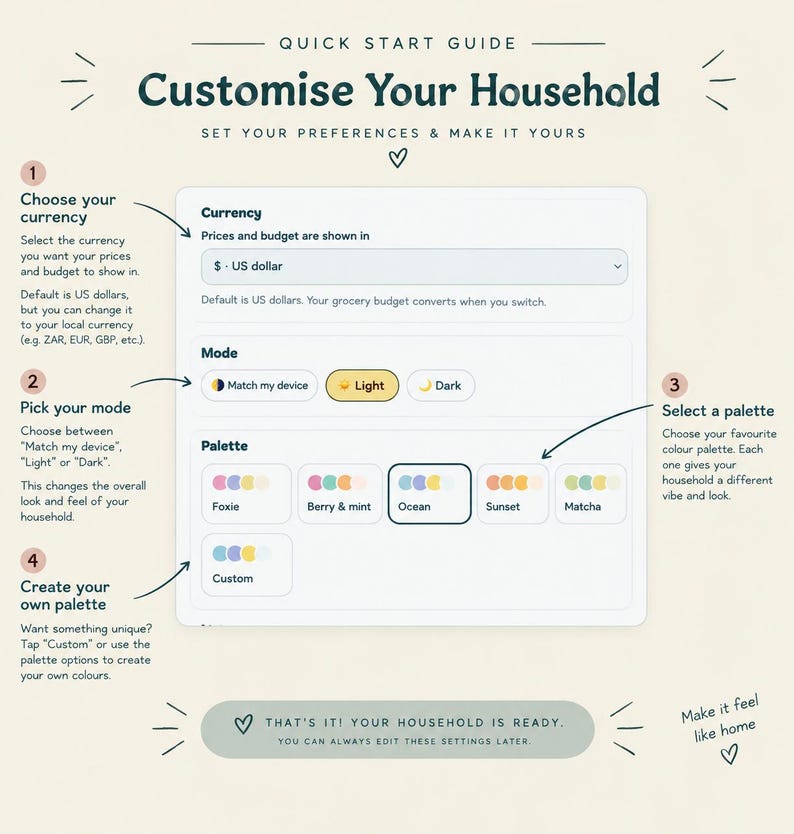 Puede incluir: Una gu&iacute;a de inicio r&aacute;pido titulada Customise Your Household con cuatro pasos numerados. La interfaz muestra ajustes para la selecci&oacute;n de moneda, modo claro u oscuro, y opciones de paleta de colores que incluyen Foxie, Berry & mint, Ocean, Sunset, Matcha y Custom.