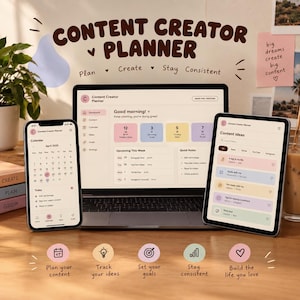 Puede incluir: Un planificador de contenido digital mostrado en una computadora portátil, un teléfono inteligente y una tableta. Las pantallas muestran un panel con un calendario, ideas de contenido y listas de tareas. El texto dice Content Creator Planner.