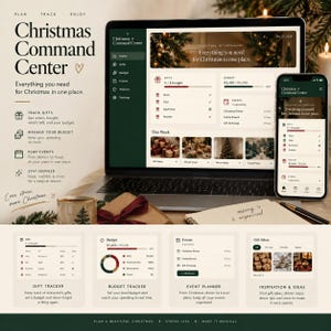 Puede incluir: Un planificador digital Christmas Command Center mostrado en la pantalla de una computadora portátil y un teléfono inteligente. La interfaz incluye secciones para rastrear regalos, gestionar presupuestos, planificar eventos y buscar inspiración.
