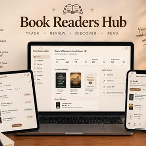 Puede incluir: Un portátil, una tableta y un teléfono inteligente que muestran la interfaz Book Readers Hub. Las pantallas muestran listas de seguimiento de libros, progreso de lectura y secciones de reseñas. El texto incluye Book Readers Hub, Track, Review, Discover, Read, TBR List.