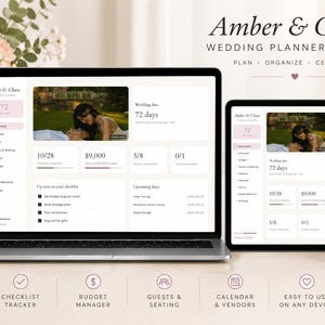 Puede incluir: Un ordenador portátil, una tableta y un teléfono inteligente muestran la interfaz de la aplicación web de planificación de bodas Amber & Chase. Las pantallas muestran un panel con una cuenta atrás de 72 días, presupuesto y una lista.