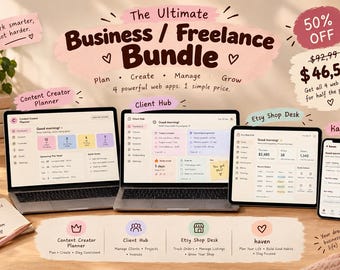 Business Planner Bundle, Freelancer Client Hub, Etsy Seller Dashboard, Social Media Content Planner, Digital Life Planner, Web App