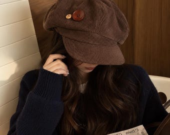 Corduroy Newsboy Cap for Women, Vintage Brown Beret Hat, Baker Boy Hat, Painter Artist Beret, Retro Autumn Winter Cap, Gift for Her