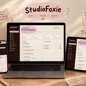 Puede incluir: Un ordenador portátil, una tableta y un teléfono inteligente que muestran la interfaz del panel de control prioritario StudioFoxie. Las pantallas muestran un planificador digital con secciones para presupuesto, hábitos y tareas.