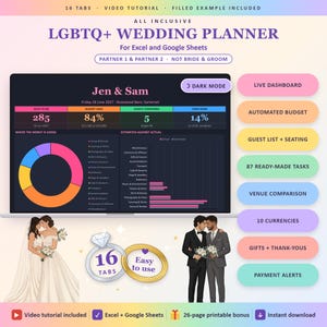 Pode incluir: Um planejador de casamento LGBTQ+ para Excel e Google Sheets com um painel digital para rastreamento de orçamento, convidados e tarefas. Inclui ilustrações de dois casais, uma interface de 16 abas e etiquetas de texto para as funcionalidades.