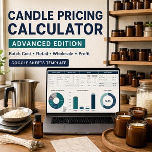 May include: A digital Candle Pricing Calculator Advanced Edition Google Sheets template displayed on a laptop screen, surrounded by candle making supplies including a metal pouring pitcher, wax, wicks, amber glass jars, and a digital scale.