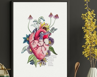 May include: A watercolor illustration of a human heart with flowers growing from it. The text "Choose only that which makes your heart bloom" is written on the right side of the image.