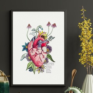 May include: A watercolor illustration of a human heart with flowers growing from it. The text "Choose only that which makes your heart bloom" is written on the right side of the image.