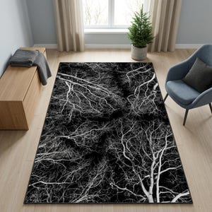 Maschinenwaschbarer Teppich mit kahlem Winterzweig-Motiv, gotisches Schwarz-Weiß-Dekor