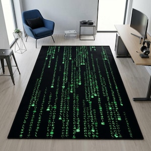 Digitale Code Regen Wasbaar Tapijt, Neon Groene Matrix Gaming Vloermat, Cyberpunk Kantoordecoratie