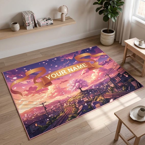 Personalized Anime Sunset Rug, Cherry Blossom Floor Mat, Custom Name Room Decor