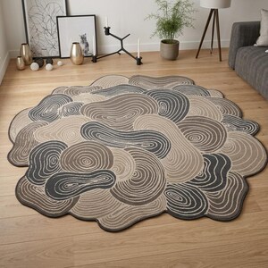 May include: An irregularly shaped area rug featuring a layered pattern of organic, cloud-like forms in shades of charcoal gray, taupe, and beige. The design consists of concentric, swirling line motifs that mimic natural wood grain textures.