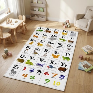 May include: A rectangular educational area rug featuring a white background with black uppercase and lowercase letters from A to Z, each paired with a colorful animal illustration and its name, plus numbers one through ten in various colors.