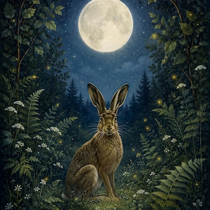 Arte de parede imprimível "Lebre ao Luar", para quarto de bebê e cantinho de leitura com tema de bosque encantado (download digital).