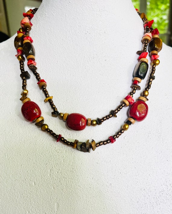 Vintage Tiger’s Eye Red Coral Red Ceramic beads G… - image 2