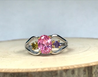 Size 6.5 CZ Ring for women and Girls Pink Purple and Green Cubic Zirconia NOS New old stock Statement Ring Promise Ring Gift for Her