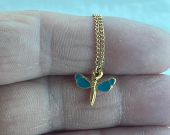 Dragonfly charm necklace 16 inch chain new vintage blue dragon fly charm