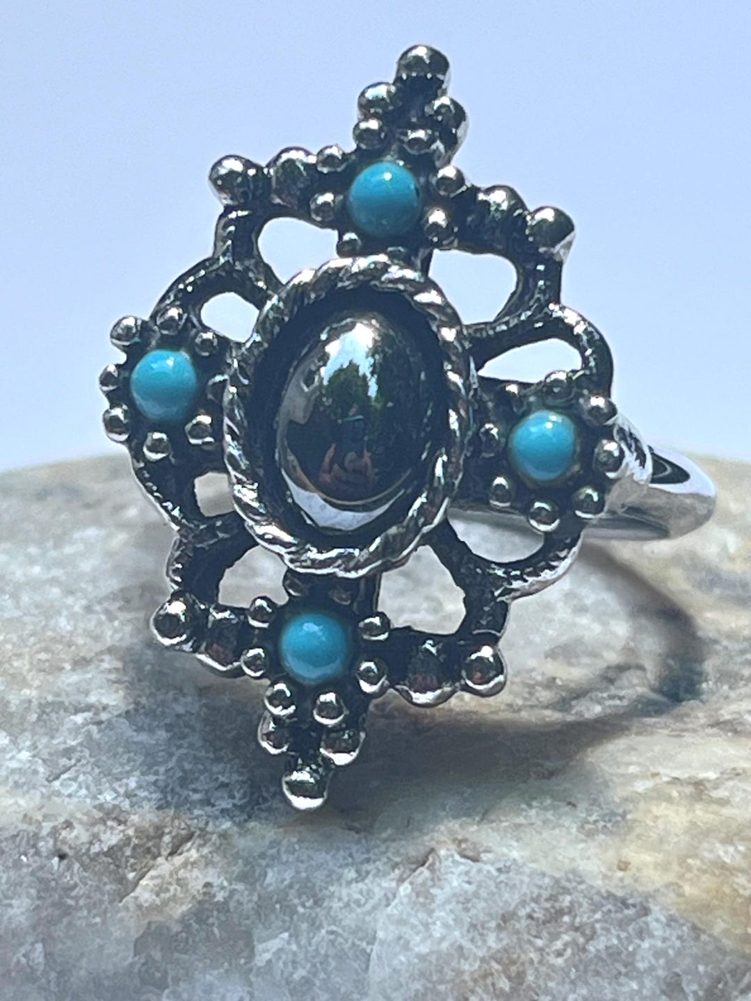 Vintage Adjustable Avon Faux Turquoise Ring: Hematite Accent, Signed ...