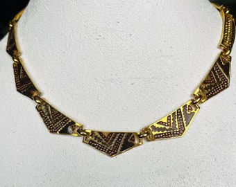 18 inch 1990 vintage necklace Geometric design chain link deep red brown and gold enamel statement necklace