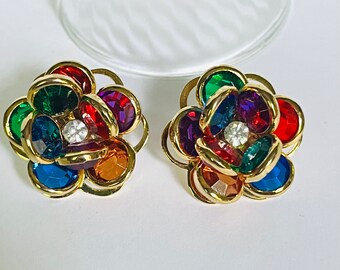 Vintage Earrings Crystal Flower Studs Cubic Zirconia Red blue green purple champagne crystals earrings for women floral design