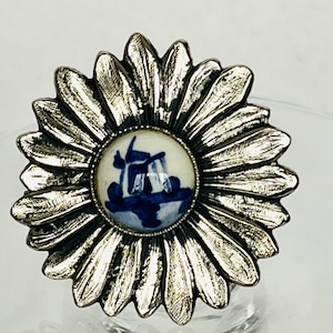Vintage Delft Holland Ring: Adjustable Floral Design, Size 5