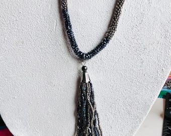Vintage Artisan Seed Bead Tassel Necklace: 30" Statement Jewelry
