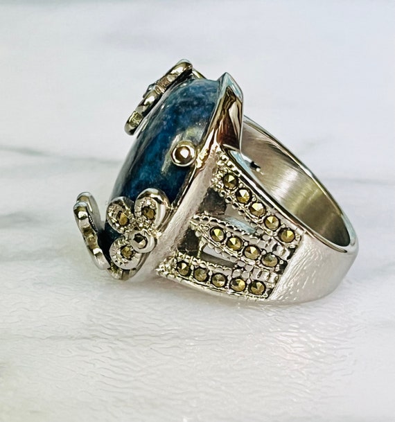 Vintage Lapis Lazuli Ring Size 6 Floral marcasite… - image 3