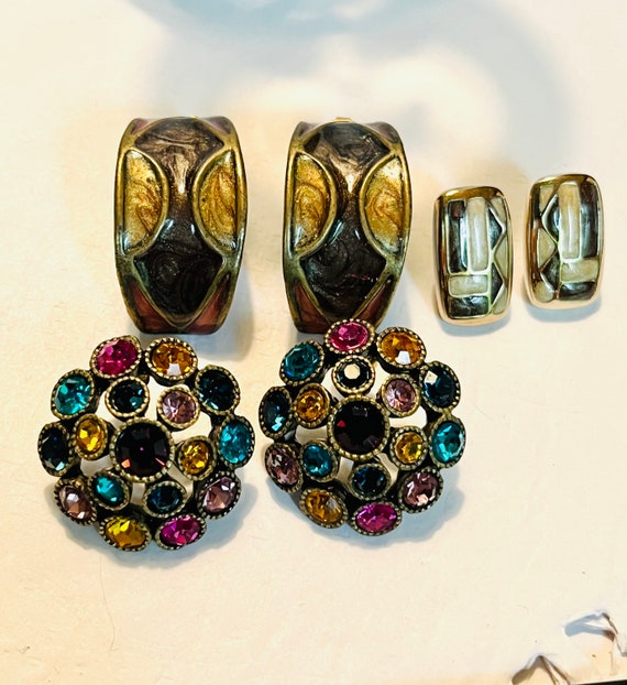 Lot Vintage Earrings 3 pair of studs 2 brown enam… - image 3