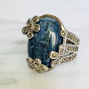 Vintage Lapis Lazuli Ring Size 6 Floral marcasite band party ring flower genuine stone