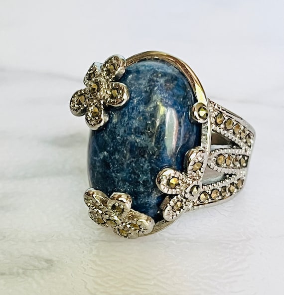 Vintage Lapis Lazuli Ring Size 6 Floral marcasite… - image 1