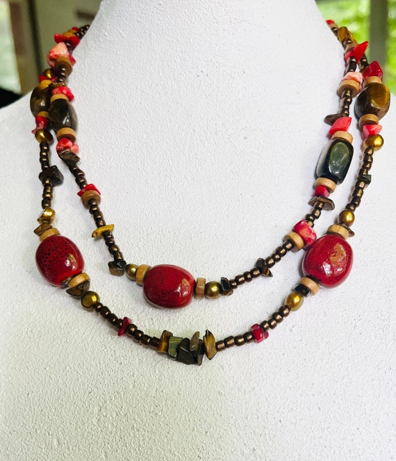 Vintage Tiger’s Eye Red Coral Red Ceramic beads G… - image 1